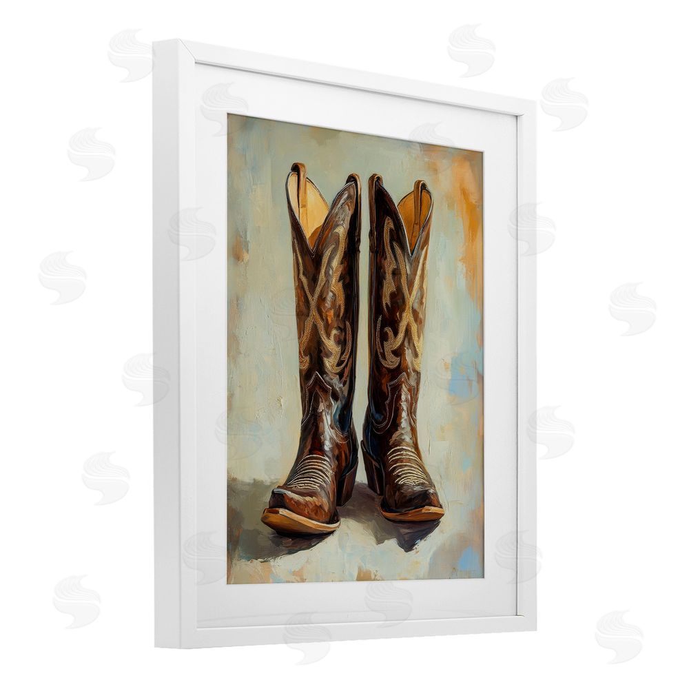 Petal Prints Design Cowboy Boots over Abstract Pattern White Framed Print Under Glass with Mat Wall Art