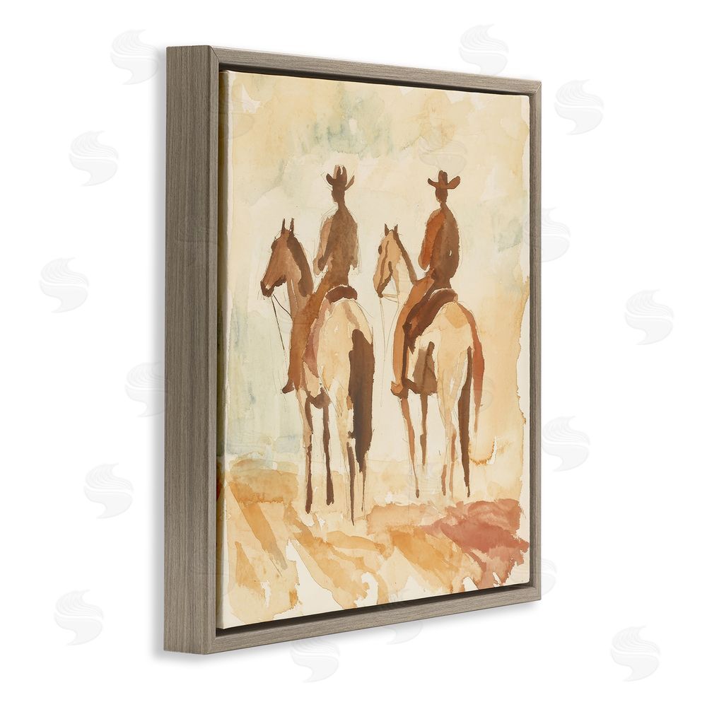 Petal Prints Design Western Watercolor Cowboys Left Brown Floating Frame Canvas Wall Art Print