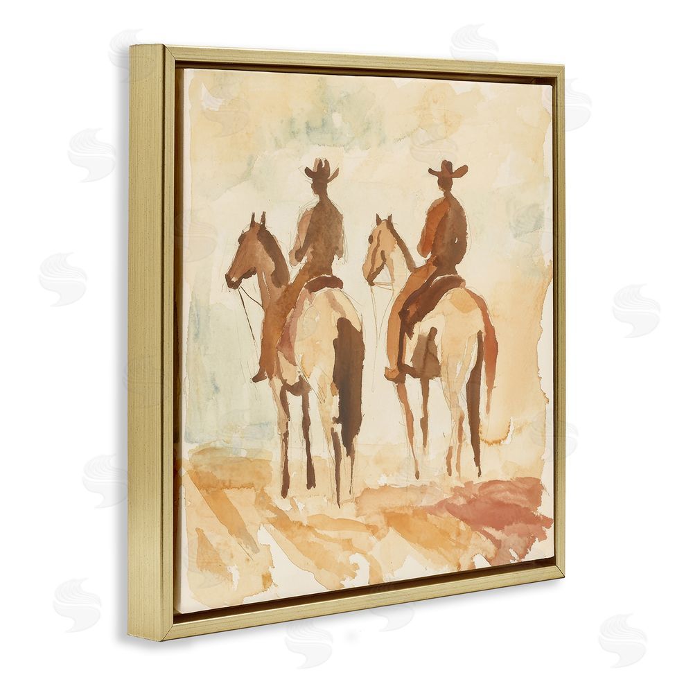 Petal Prints Design Western Watercolor Cowboys Left Gold Floating Frame Canvas Wall Art Print