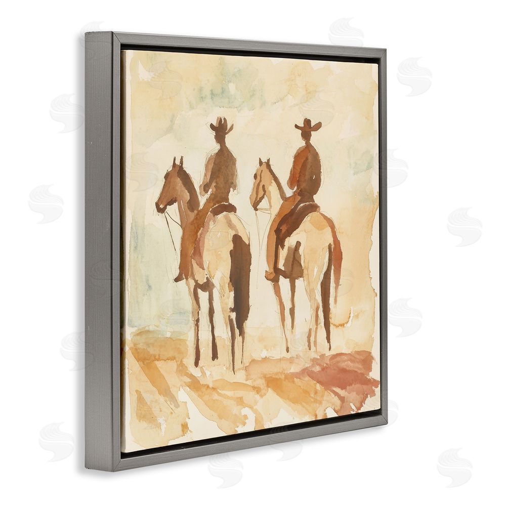 Petal Prints Design Western Watercolor Cowboys Left Gray Floating Frame Canvas Wall Art Print