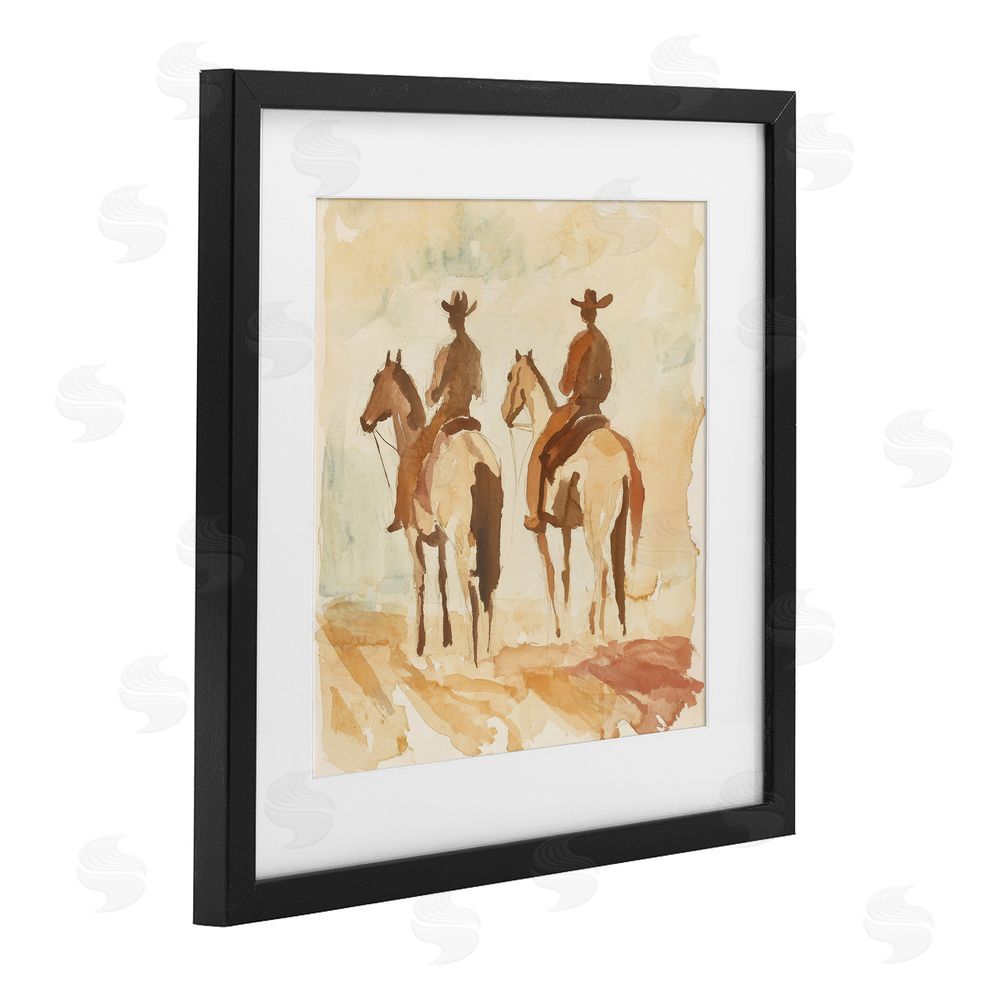 Petal Prints Design Western Watercolor Cowboys Left Black Framed Print Under Glass with White Mat Wall Art
