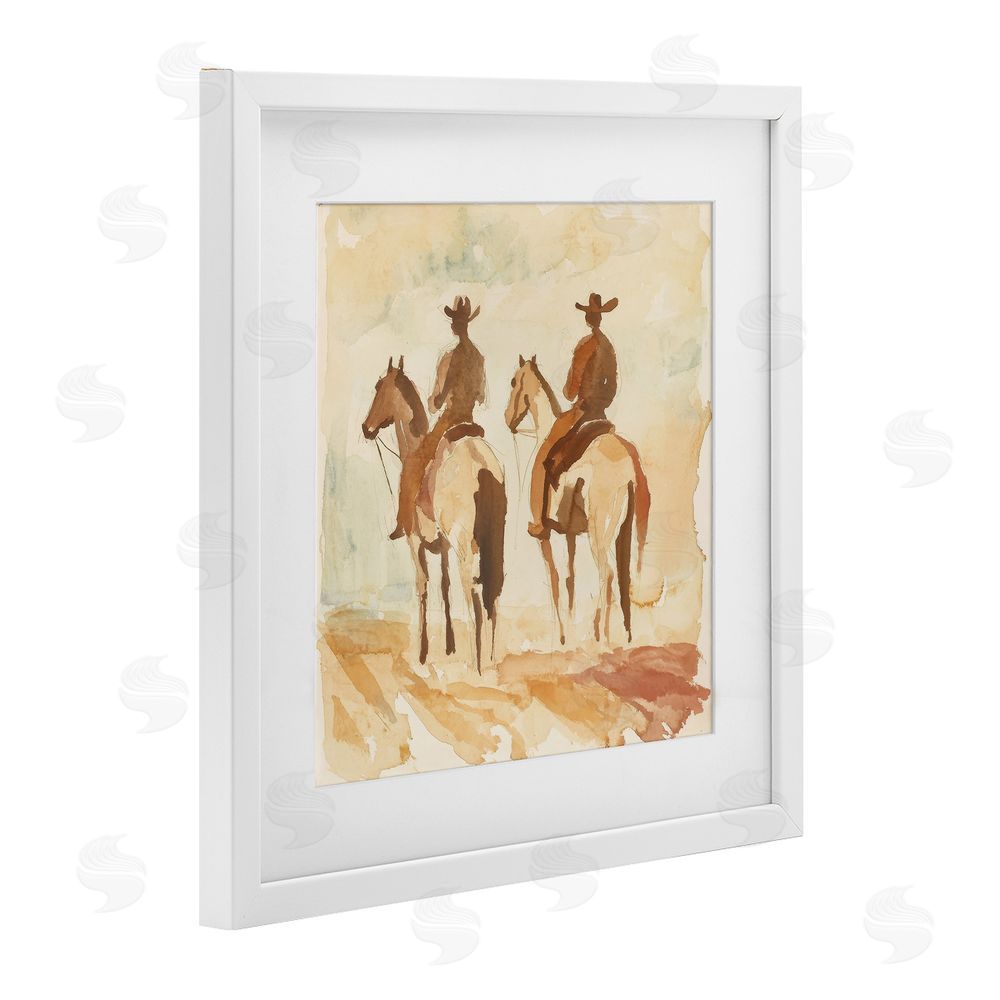 Petal Prints Design Western Watercolor Cowboys Left White Framed Print Under Glass with Mat Wall Art