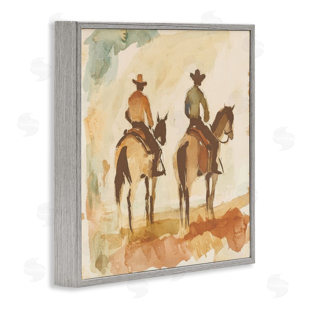 Petal Prints Design Western Watercolor Cowboys Right Gray Framed Giclee Wall Art Print