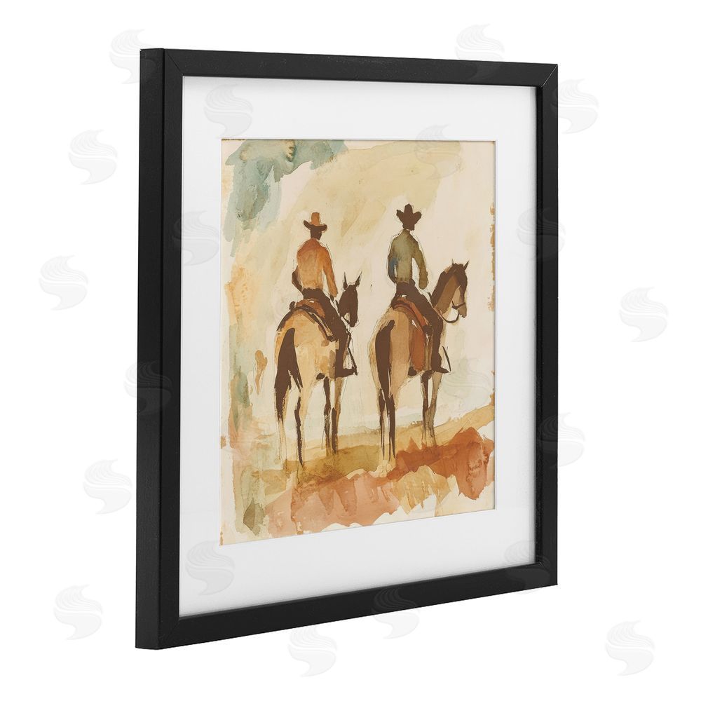 Petal Prints Design Western Watercolor Cowboys Right Black Framed Print Under Glass with White Mat Wall Art