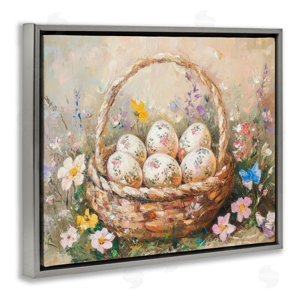 Petal Prints Design Delicate Flowers for Easter Gray Floating Frame Canvas Wall Art Print