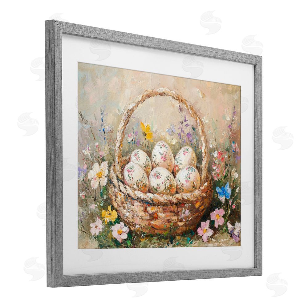 Petal Prints Design Delicate Flowers for Easter Gray Framed Print Under Glass with White Mat Wall Art