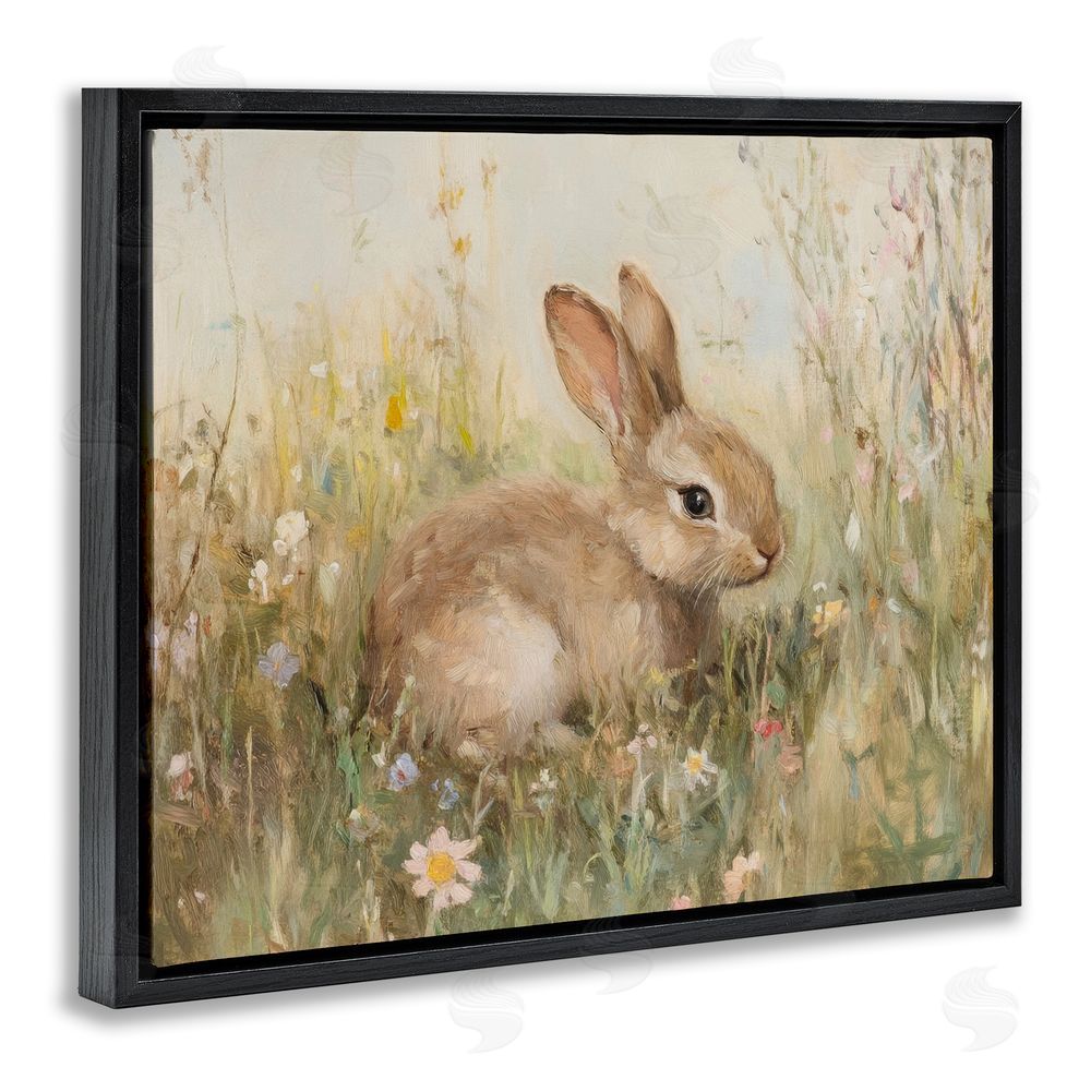 Petal Prints Design Brown Bunny in Flower Meadow Black Floating Frame Canvas Wall Art Print