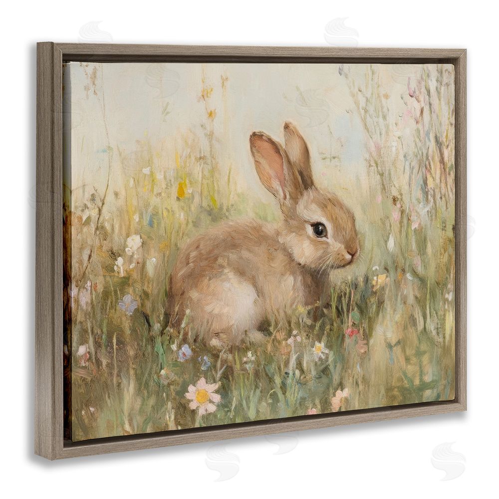 Petal Prints Design Brown Bunny in Flower Meadow Brown Floating Frame Canvas Wall Art Print