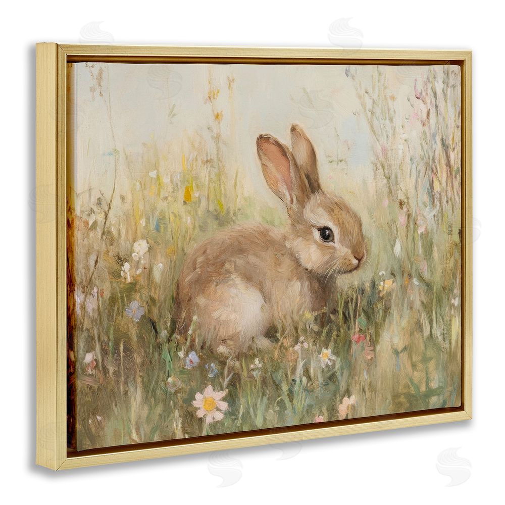Petal Prints Design Brown Bunny in Flower Meadow Gold Floating Frame Canvas Wall Art Print