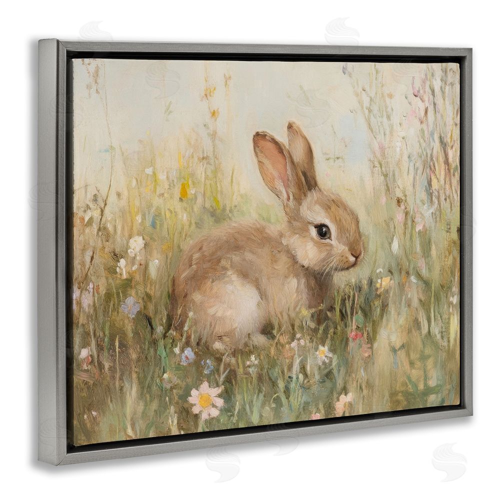 Petal Prints Design Brown Bunny in Flower Meadow Gray Floating Frame Canvas Wall Art Print
