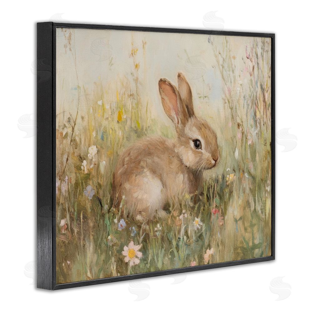 Petal Prints Design Brown Bunny in Flower Meadow Black Framed Giclee Wall Art Print