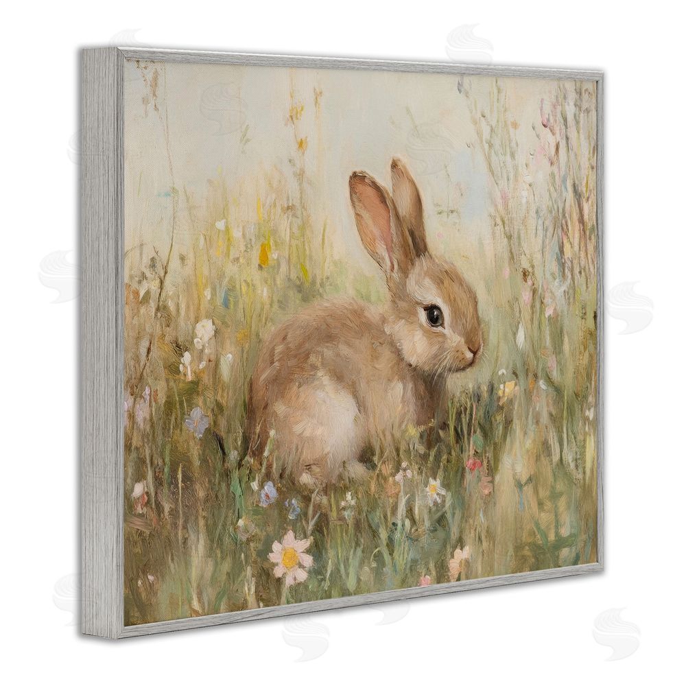 Petal Prints Design Brown Bunny in Flower Meadow Gray Framed Giclee Wall Art Print