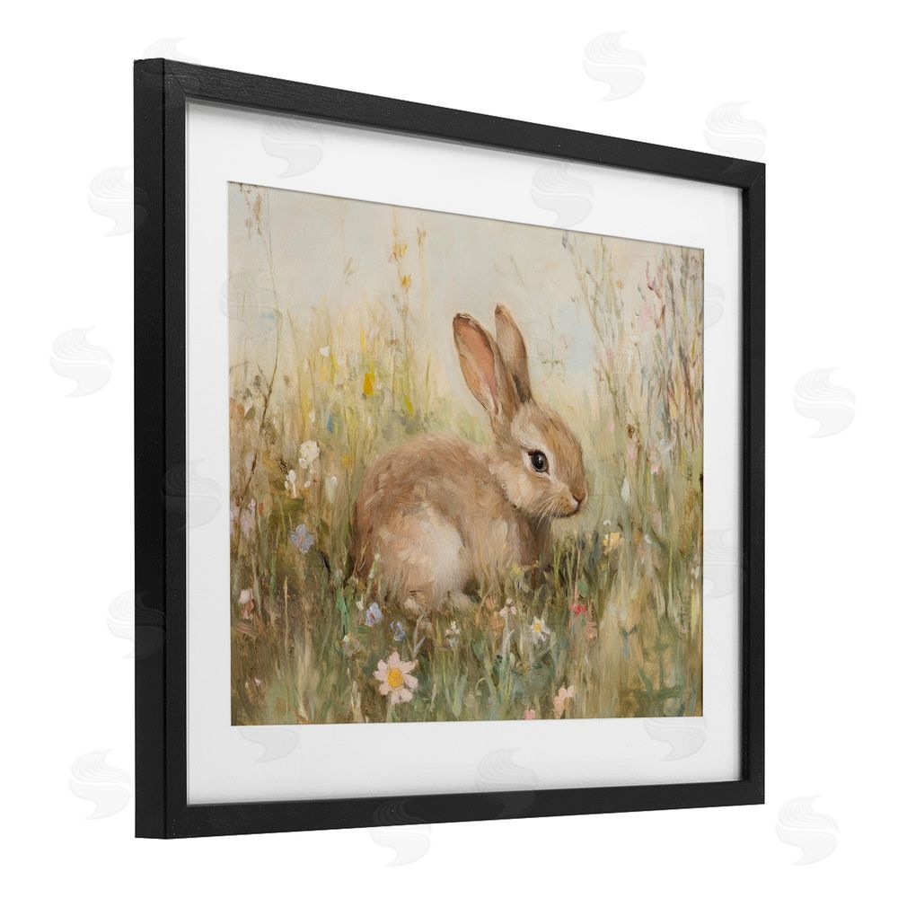 Petal Prints Design Brown Bunny in Flower Meadow Black Framed Print Under Glass with White Mat Wall Art