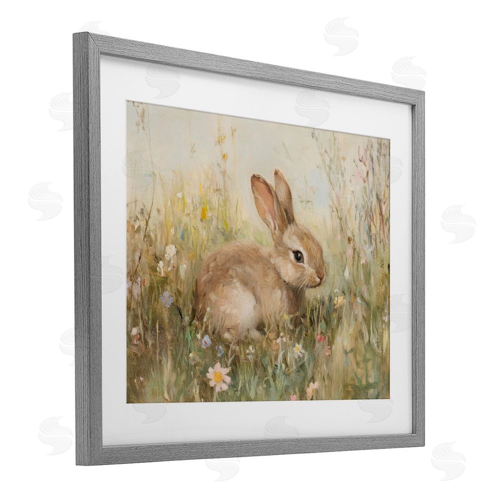 Petal Prints Design Brown Bunny in Flower Meadow Gray Framed Print Under Glass with White Mat Wall Art