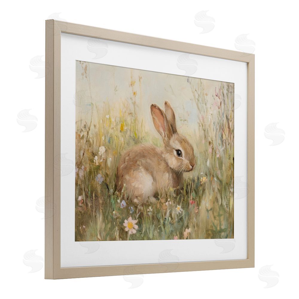 Petal Prints Design Brown Bunny in Flower Meadow Birch Framed Print Under Glass with White Mat Wall Art