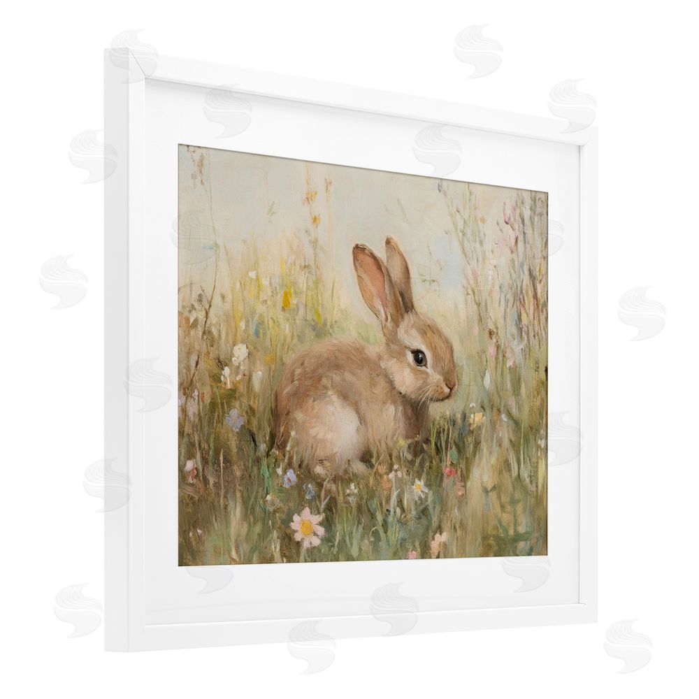 Petal Prints Design Brown Bunny in Flower Meadow White Framed Print Under Glass with Mat Wall Art