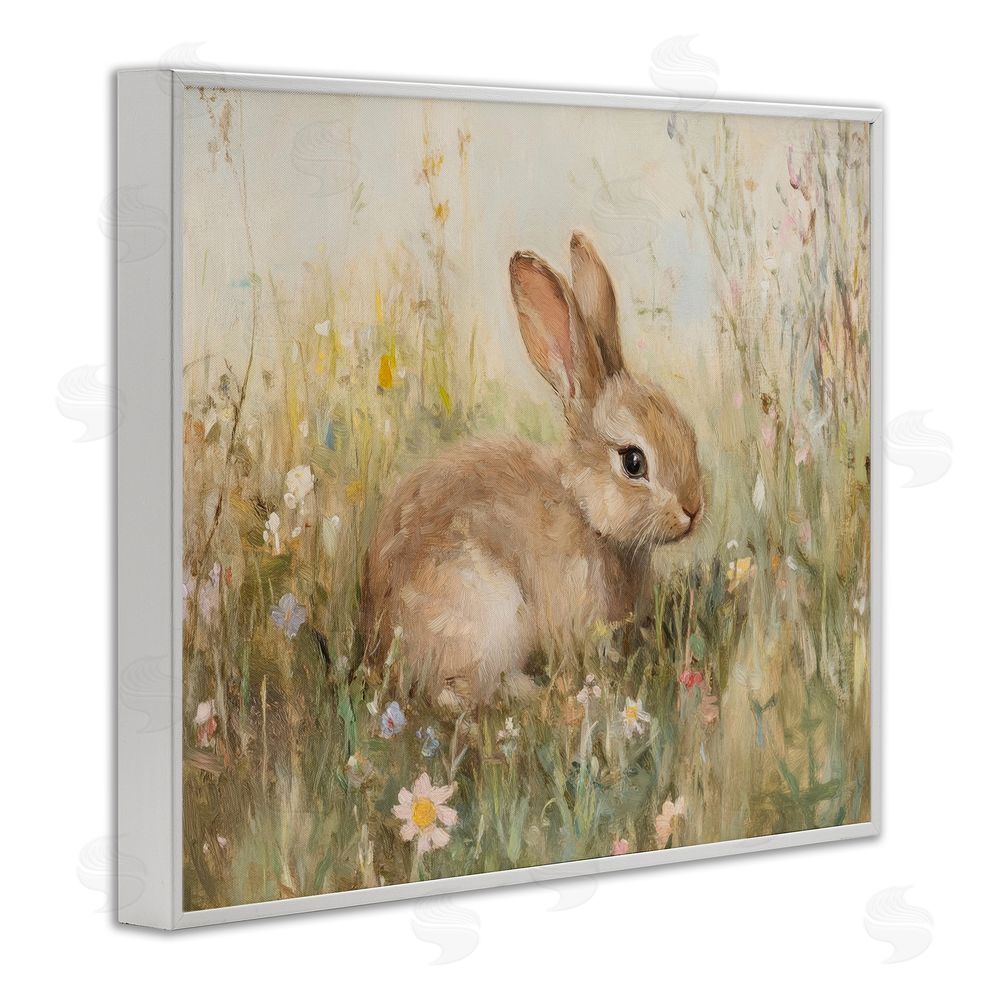 Petal Prints Design Brown Bunny in Flower Meadow White Framed Giclee Wall Art Print