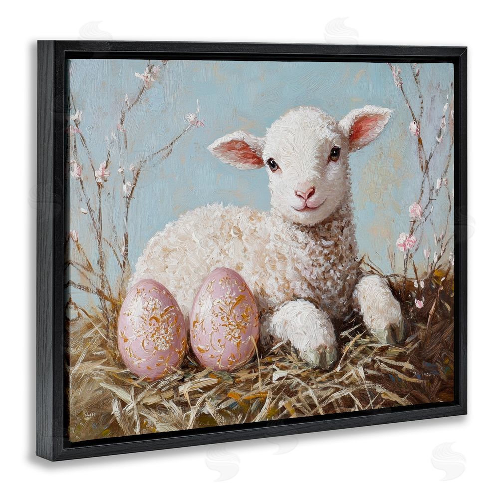 Petal Prints Design Easter Lamb and Eggs Black Floating Frame Canvas Wall Art Print