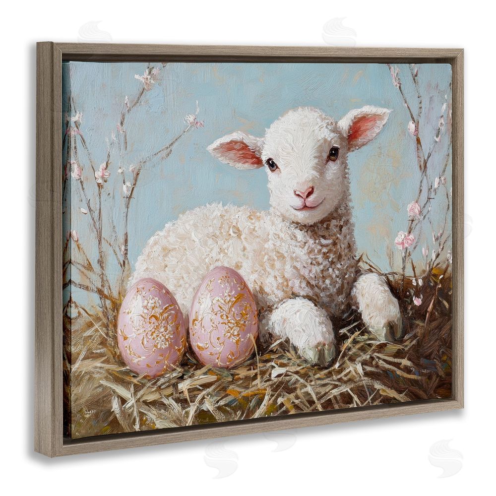 Petal Prints Design Easter Lamb and Eggs Brown Floating Frame Canvas Wall Art Print