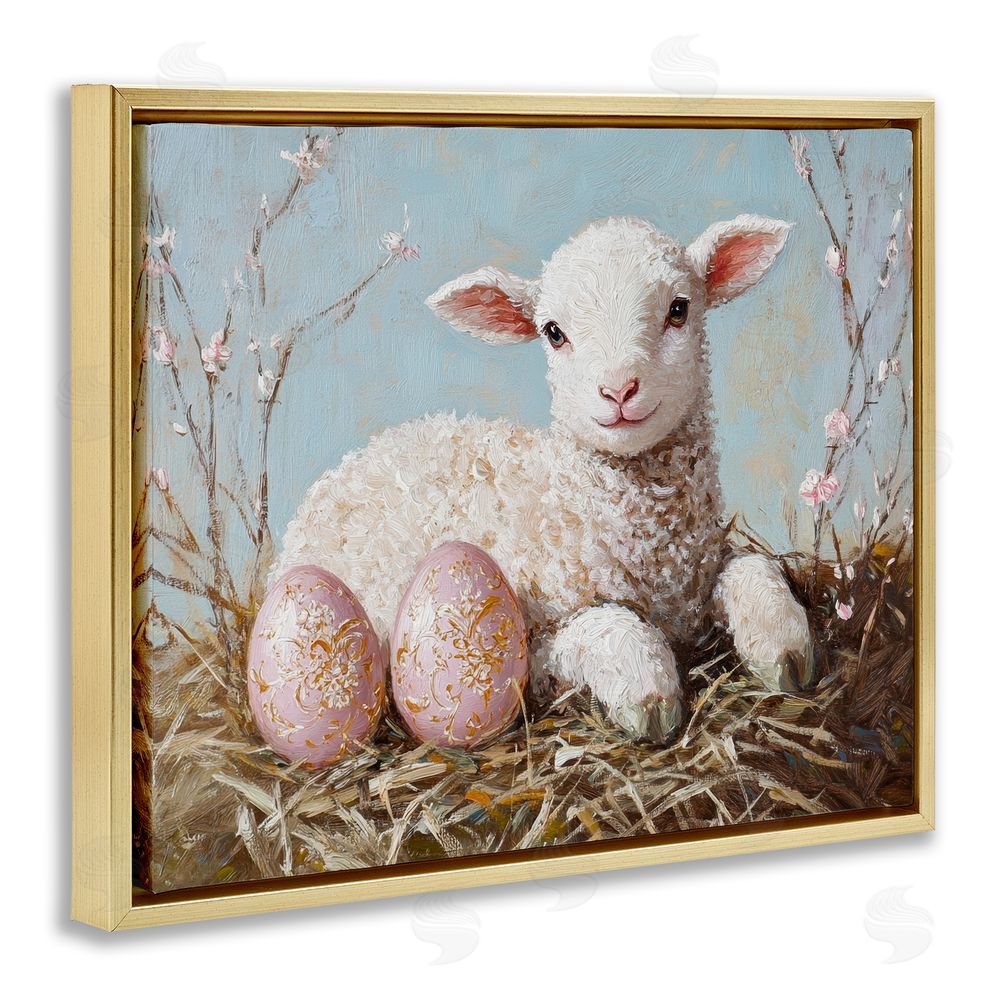 Petal Prints Design Easter Lamb and Eggs Gold Floating Frame Canvas Wall Art Print