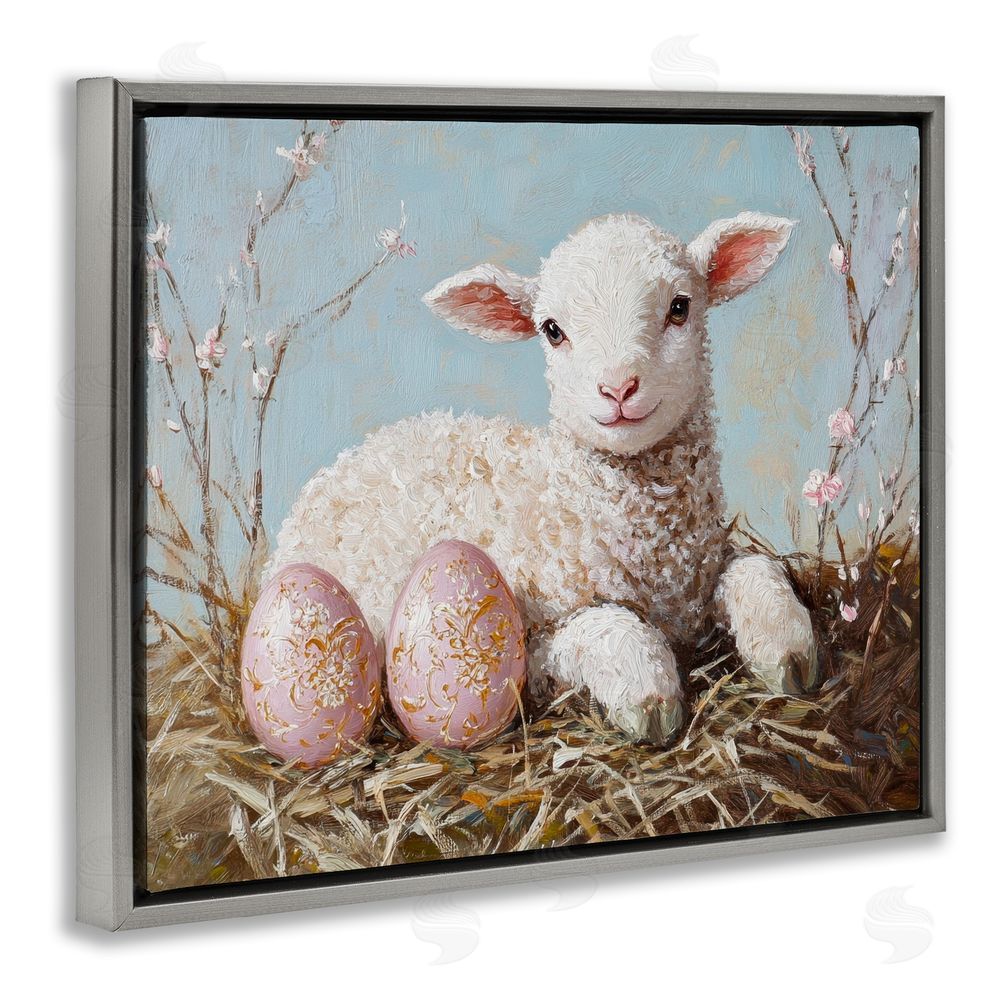 Petal Prints Design Easter Lamb and Eggs Gray Floating Frame Canvas Wall Art Print