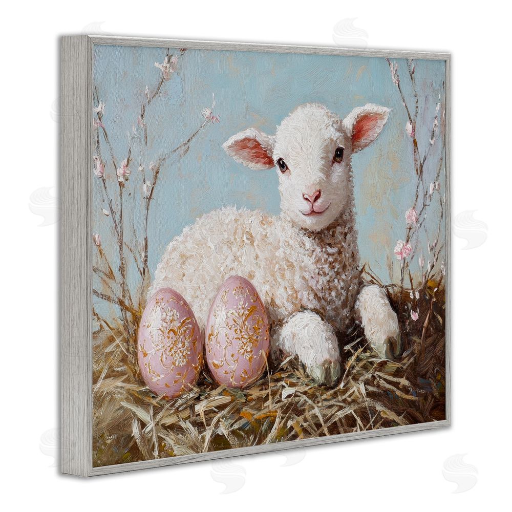 Petal Prints Design Easter Lamb and Eggs Gray Framed Giclee Wall Art Print