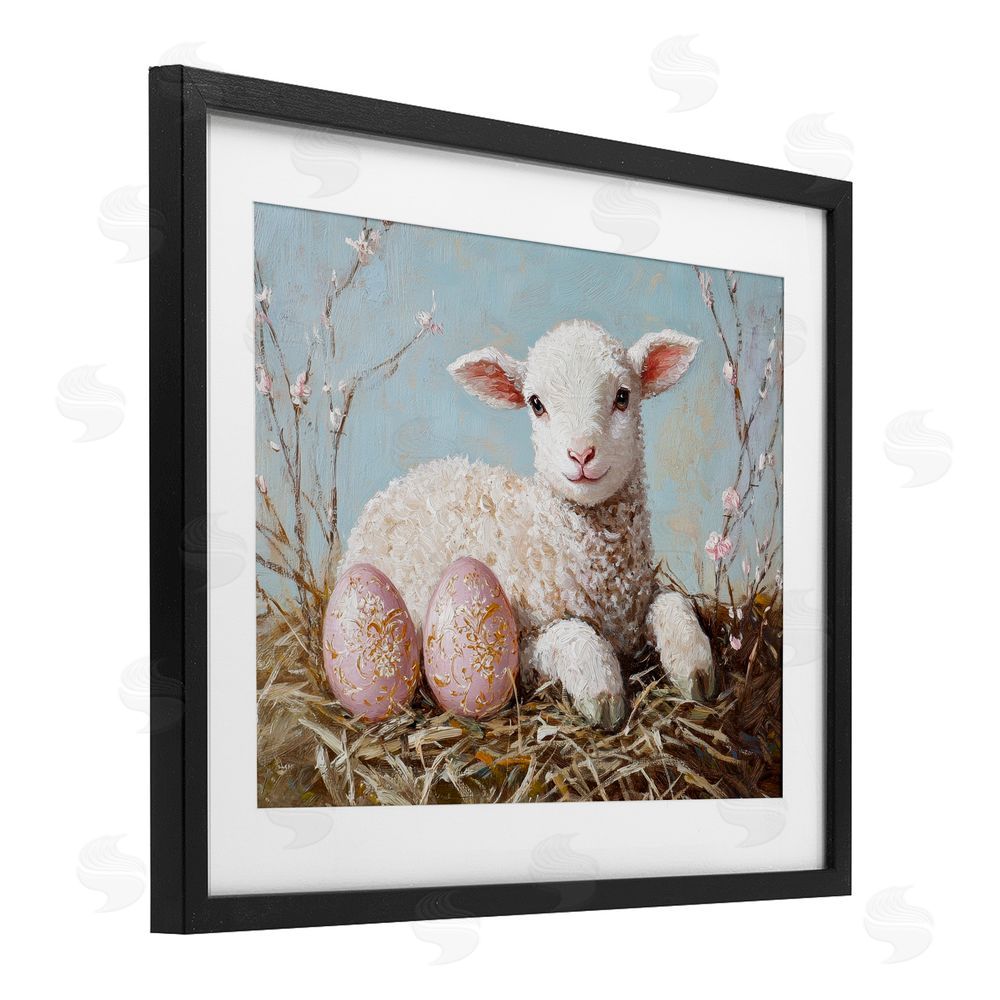 Petal Prints Design Easter Lamb and Eggs Black Framed Print Under Glass with White Mat Wall Art