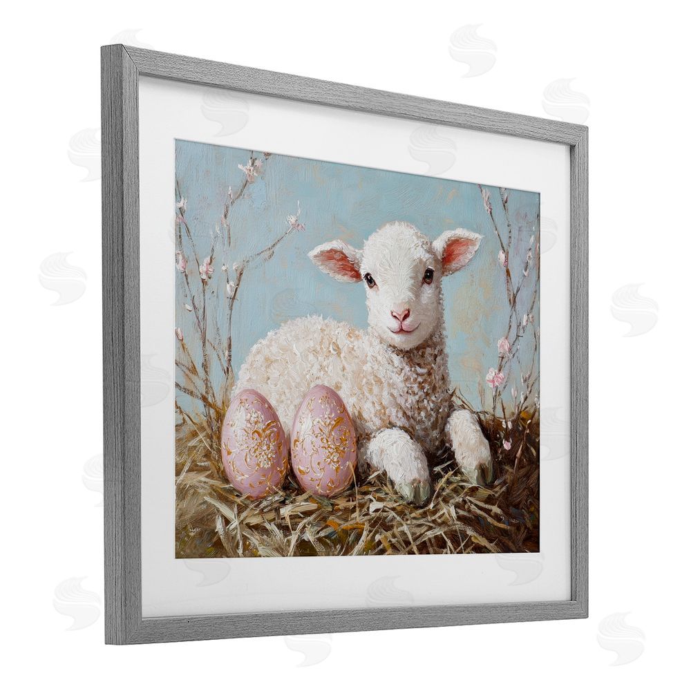 Petal Prints Design Easter Lamb and Eggs Gray Framed Print Under Glass with White Mat Wall Art