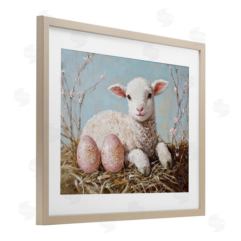 Petal Prints Design Easter Lamb and Eggs Birch Framed Print Under Glass with White Mat Wall Art