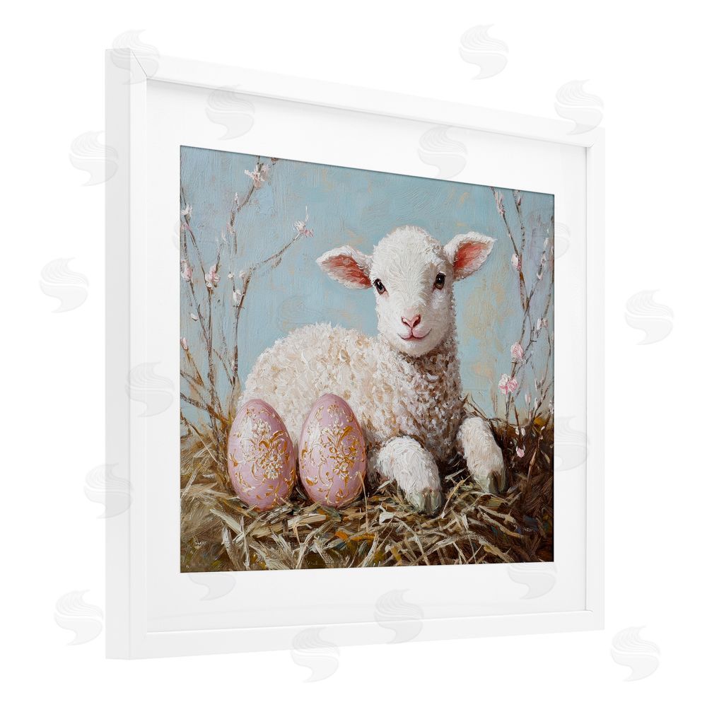 Petal Prints Design Easter Lamb and Eggs White Framed Print Under Glass with Mat Wall Art