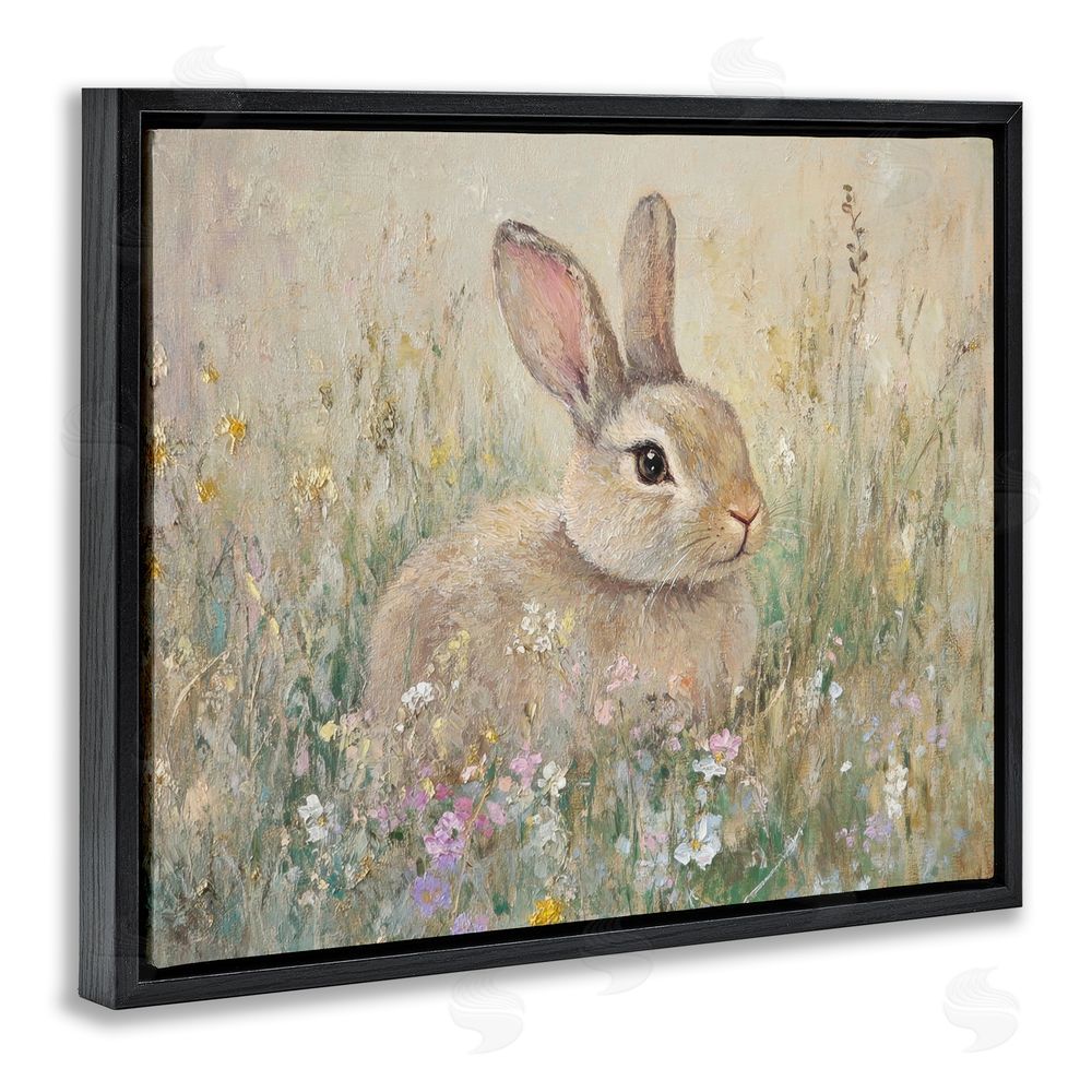 Petal Prints Design Soft Color Rabbit in Meadow Black Floating Frame Canvas Wall Art Print