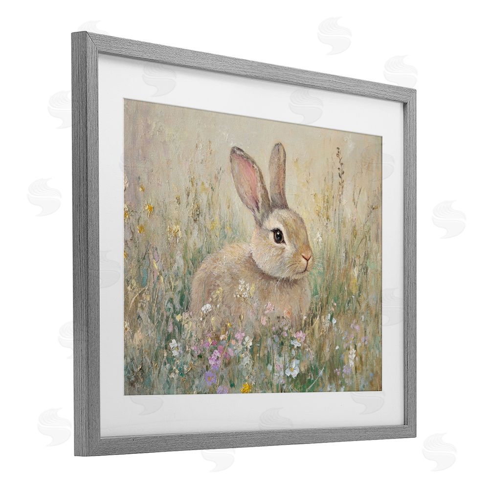 Petal Prints Design Soft Color Rabbit in Meadow Gray Framed Print Under Glass with White Mat Wall Art