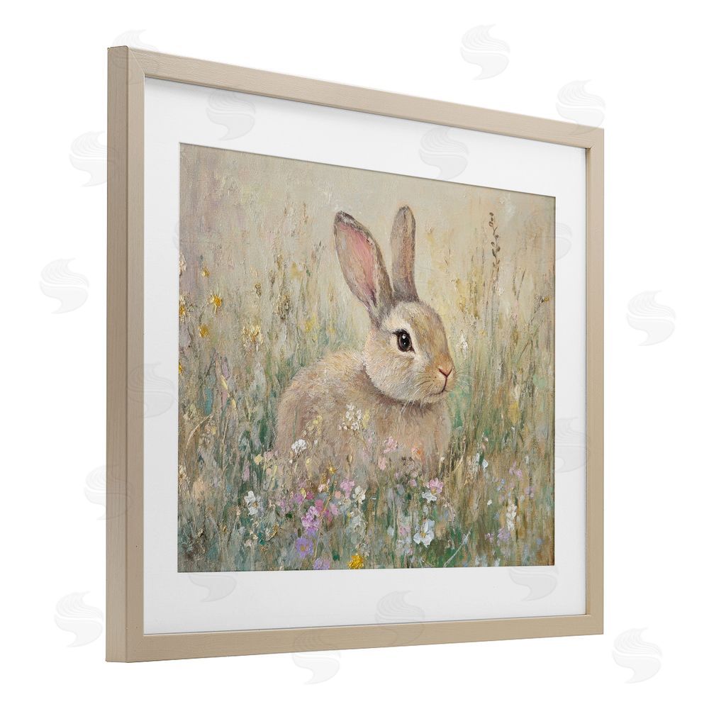 Petal Prints Design Soft Color Rabbit in Meadow Birch Framed Print Under Glass with White Mat Wall Art