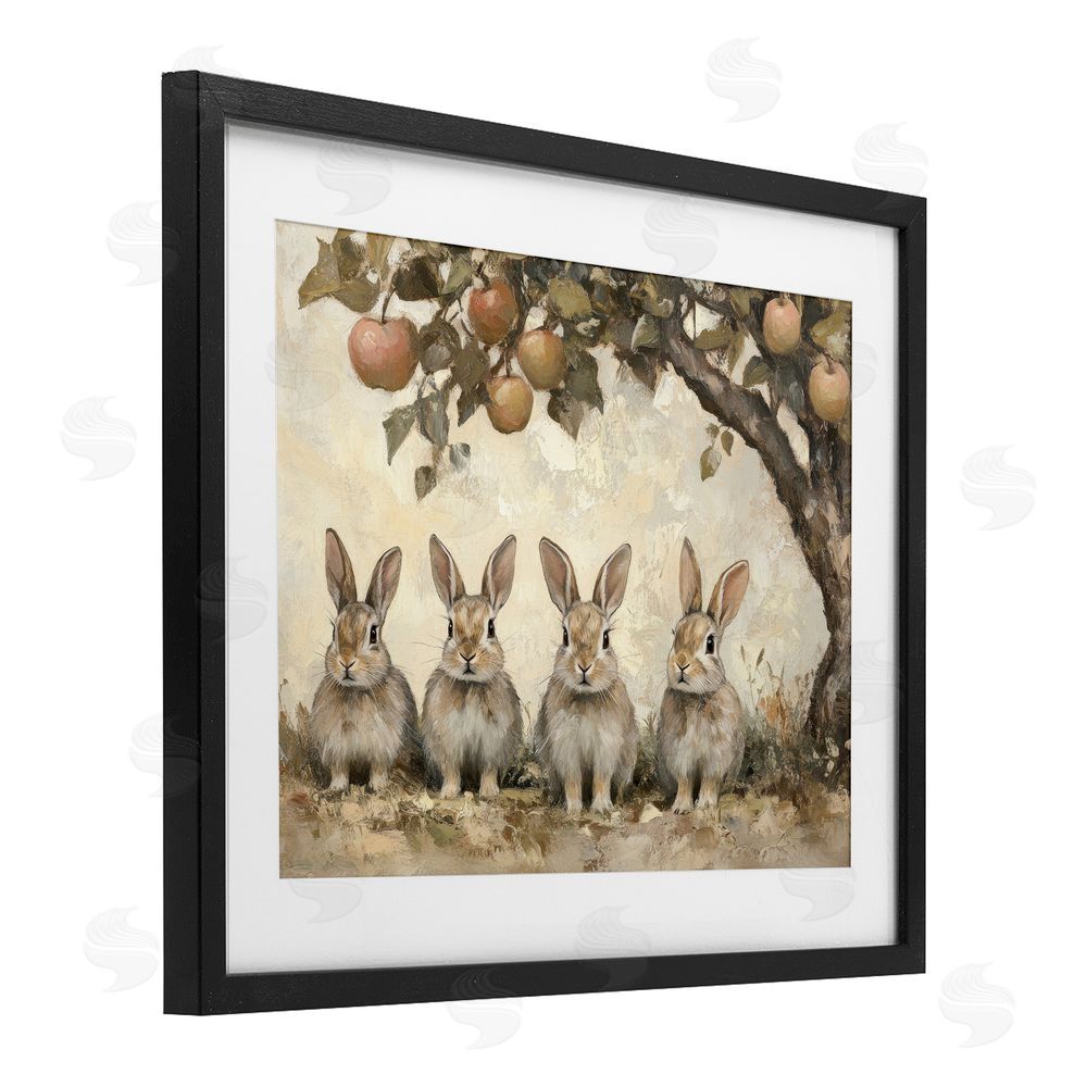Petal Prints Design Autumn Bunnies & Apples Black Framed Print Under Glass with White Mat Wall Art