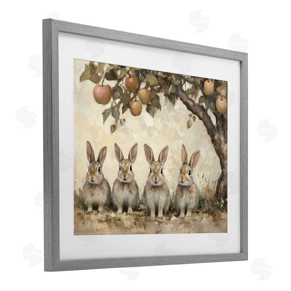 Petal Prints Design Autumn Bunnies & Apples Gray Framed Print Under Glass with White Mat Wall Art