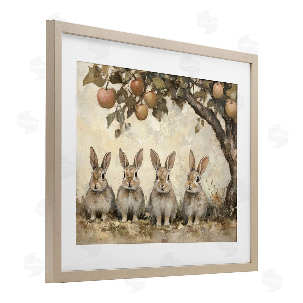 Petal Prints Design Autumn Bunnies & Apples Birch Framed Print Under Glass with White Mat Wall Art