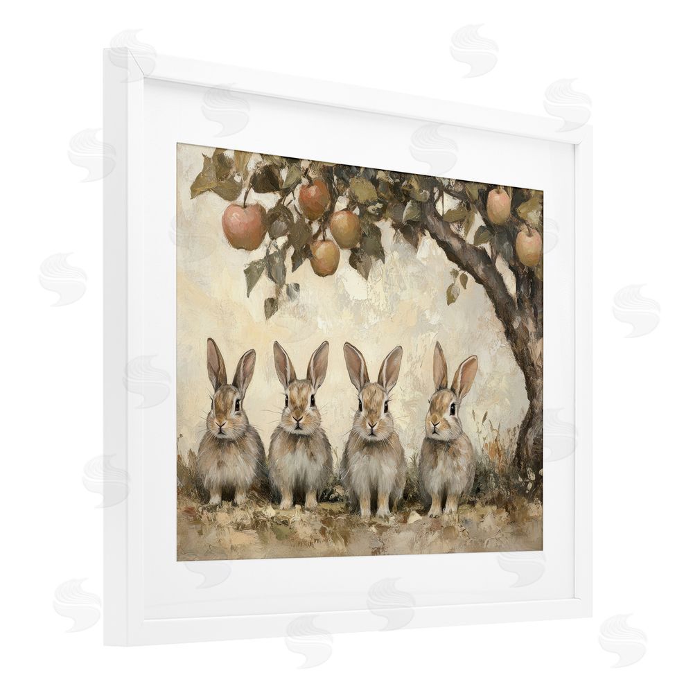 Petal Prints Design Autumn Bunnies & Apples White Framed Print Under Glass with Mat Wall Art