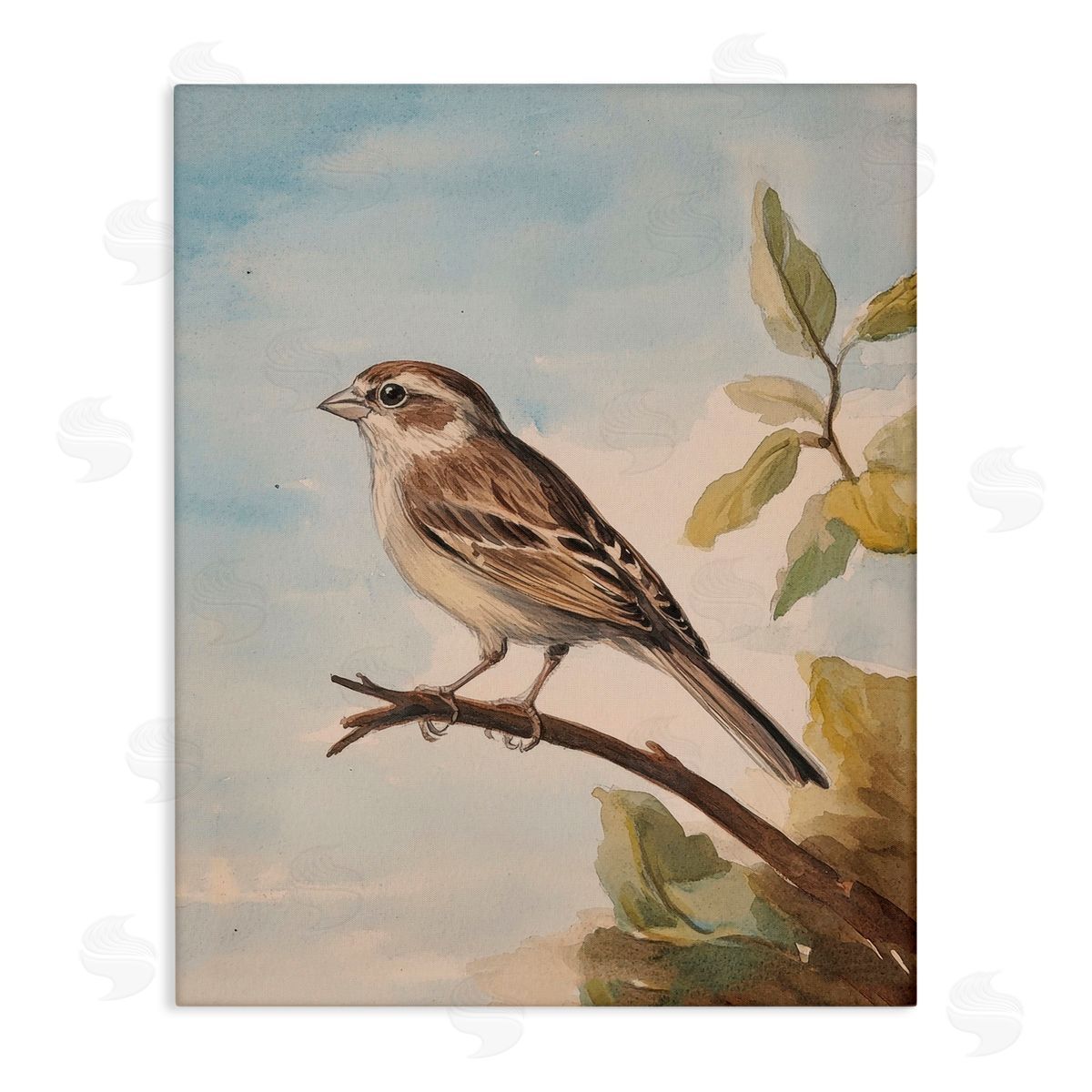Petal Prints Design Brown Bird Perched on Branch Canvas Wall Art Print