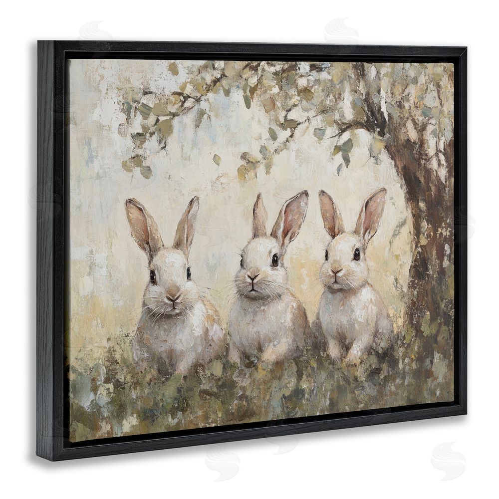 Petal Prints Design Fairytale Bunnies under Tree Black Floating Frame Canvas Wall Art Print