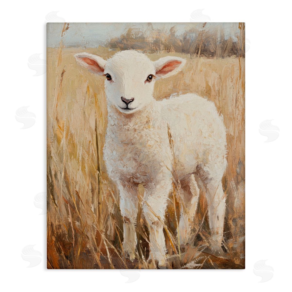 Petal Prints Design Curly Lamb in Grassy Field Canvas Wall Art Print