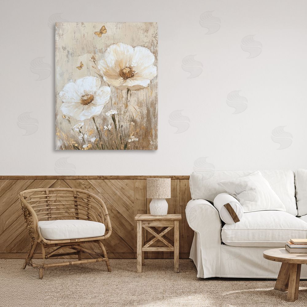 Petal Prints Design Ivory Florals and Butterfly Canvas Art on Wall