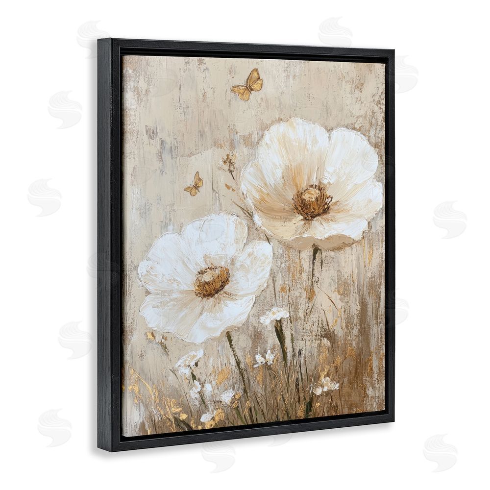 Petal Prints Design Ivory Florals and Butterfly Black Floating Frame Canvas Wall Art Print