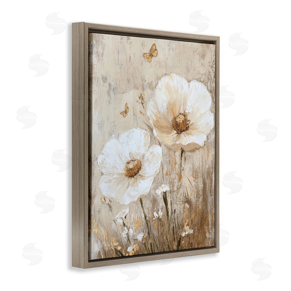 Petal Prints Design Ivory Florals and Butterfly Brown Floating Frame Canvas Wall Art Print