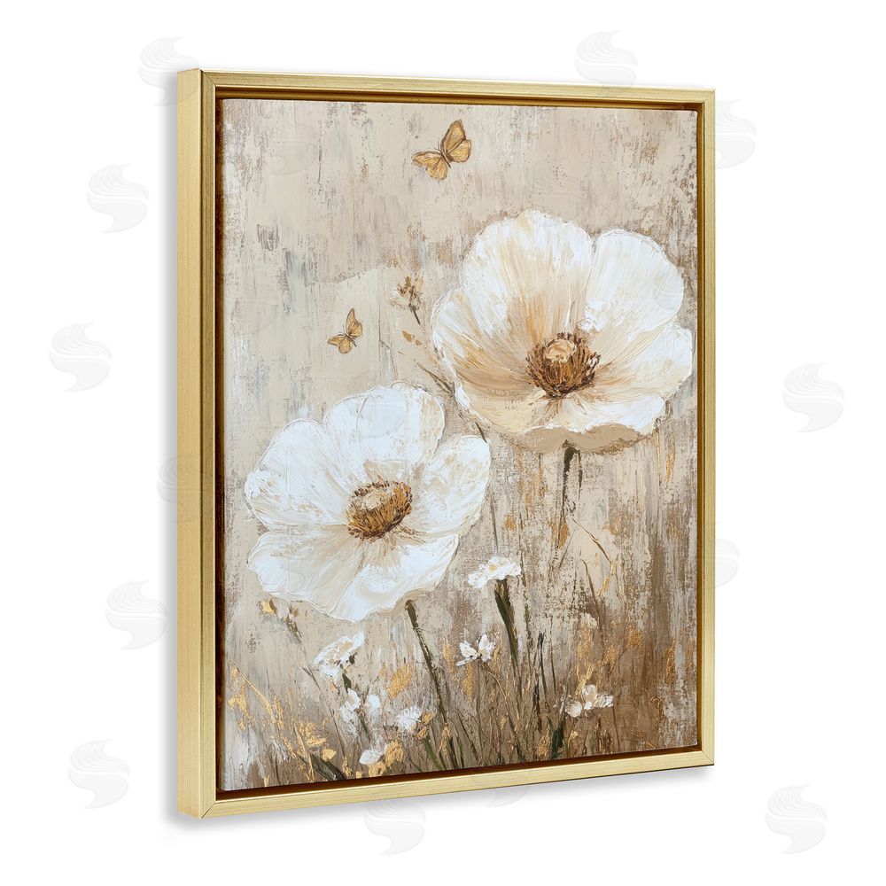 Petal Prints Design Ivory Florals and Butterfly Gold Floating Frame Canvas Wall Art Print