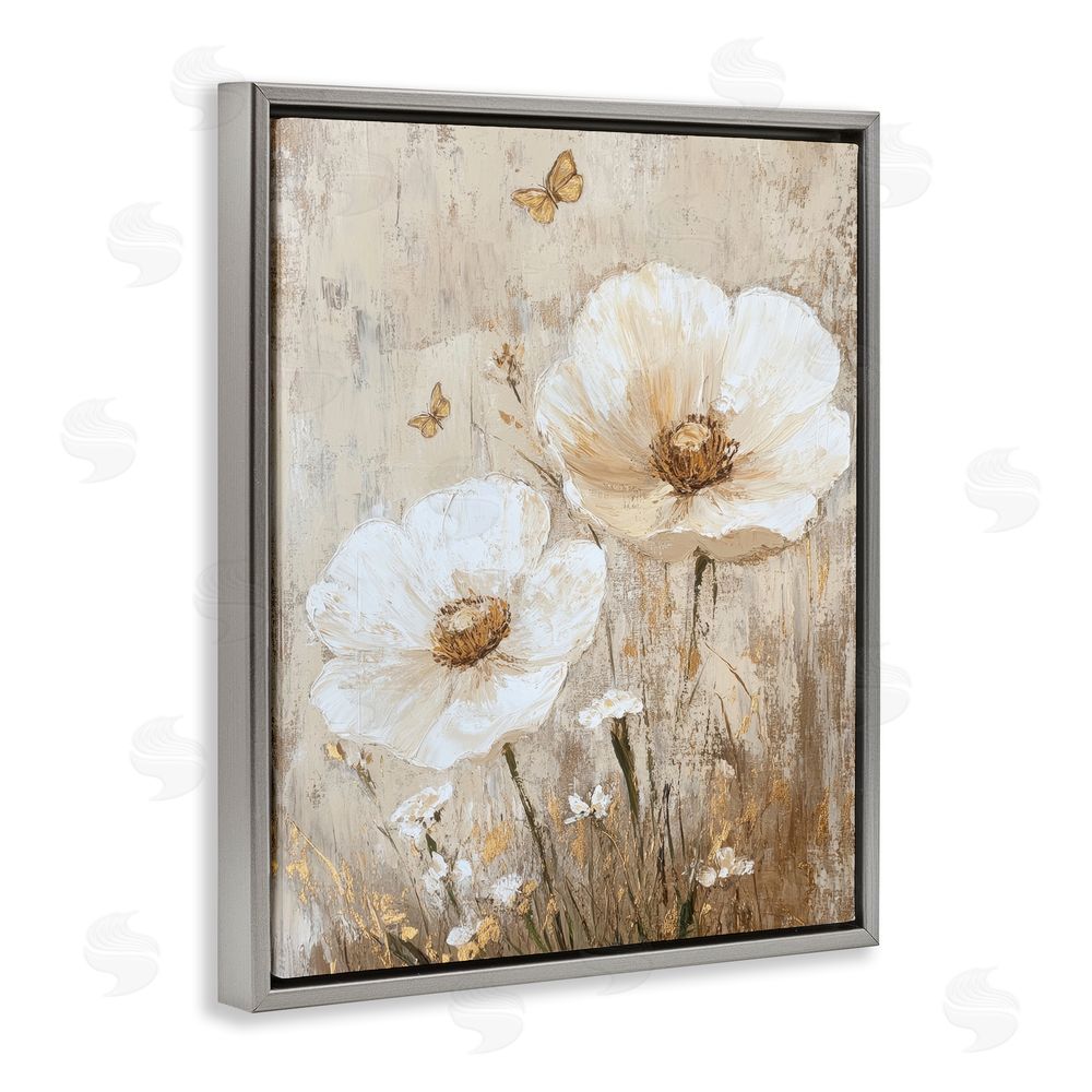 Petal Prints Design Ivory Florals and Butterfly Gray Floating Frame Canvas Wall Art Print