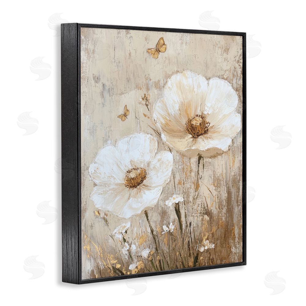 Petal Prints Design Ivory Florals and Butterfly Black Framed Giclee Wall Art Print