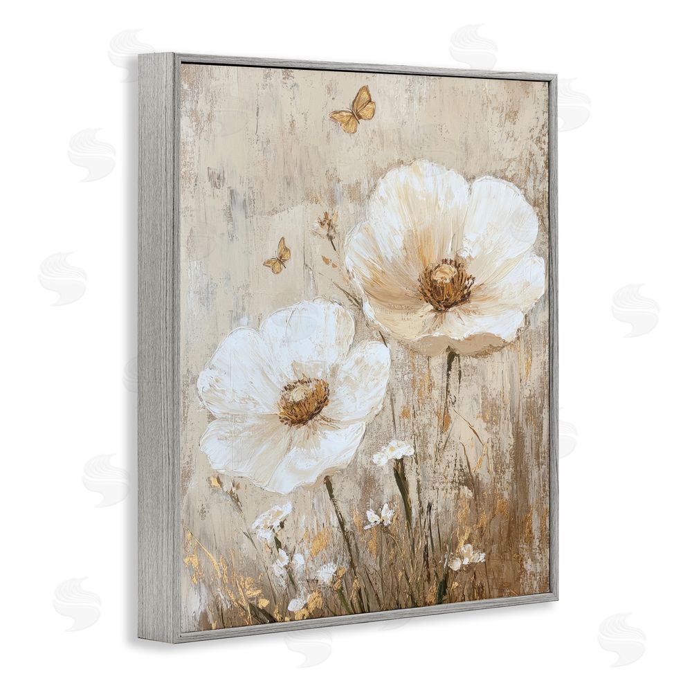 Petal Prints Design Ivory Florals and Butterfly Gray Framed Giclee Wall Art Print
