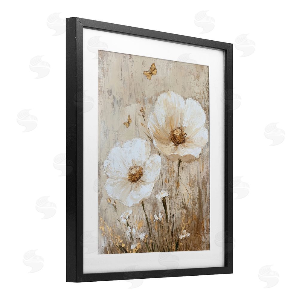 Petal Prints Design Ivory Florals and Butterfly Black Framed Print Under Glass with White Mat Wall Art