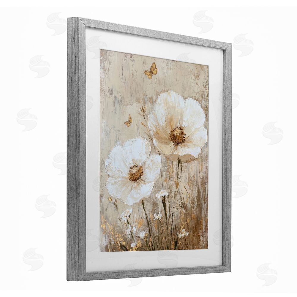 Petal Prints Design Ivory Florals and Butterfly Gray Framed Print Under Glass with White Mat Wall Art