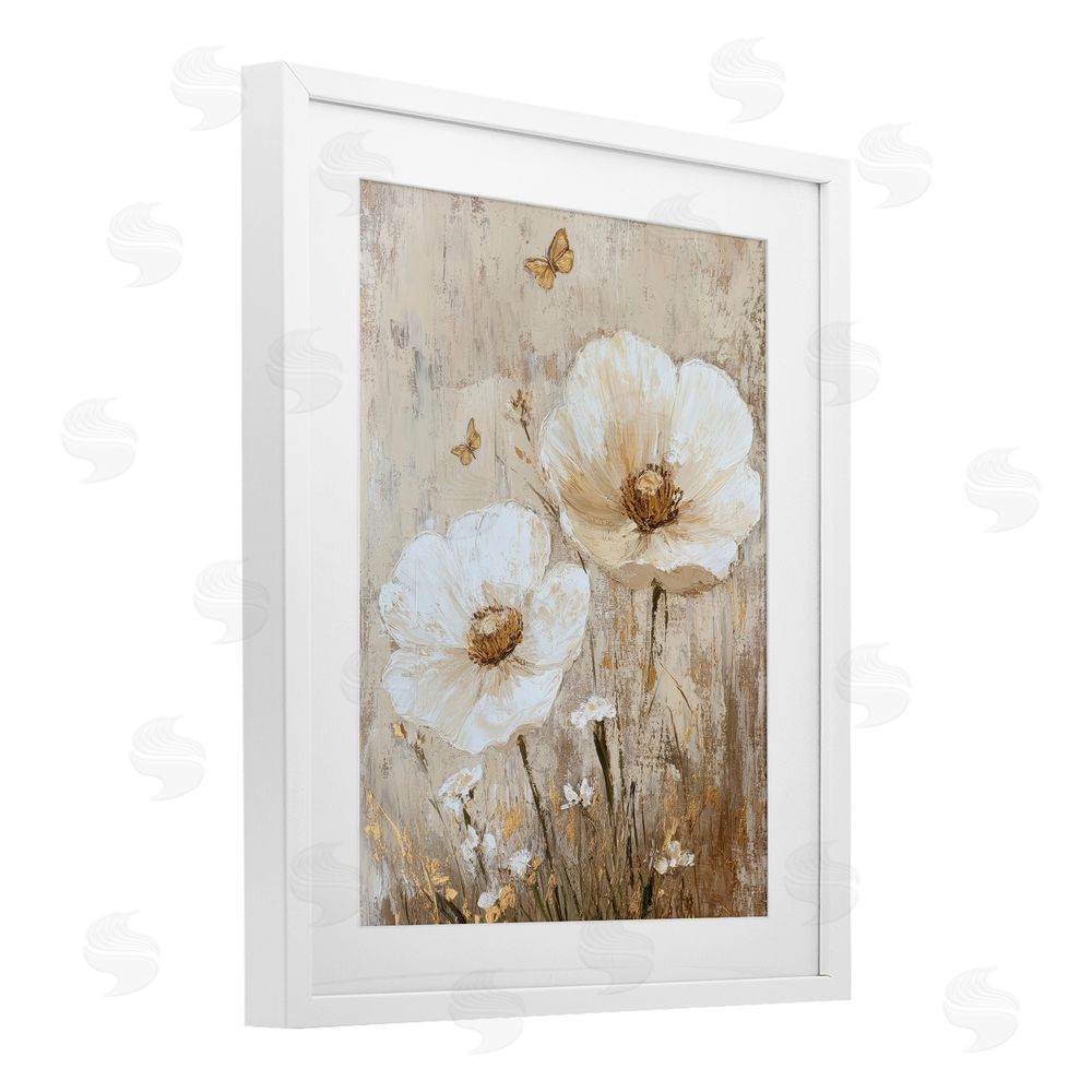 Petal Prints Design Ivory Florals and Butterfly White Framed Print Under Glass with Mat Wall Art